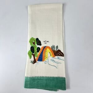 50s Camping Tea Towel Embroidered Lace Applique Forest Lrg Vtg Table Doily Linen